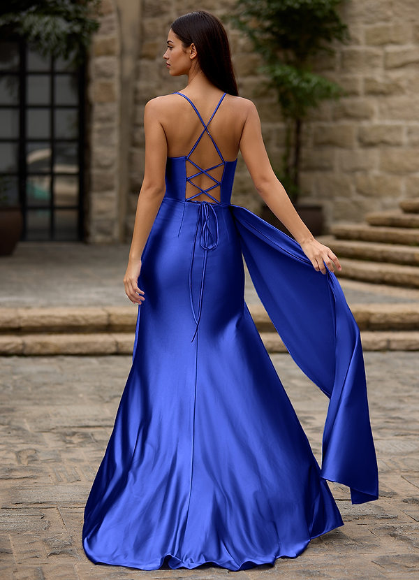 Drape Royal Blue Satin Prom Dress image1