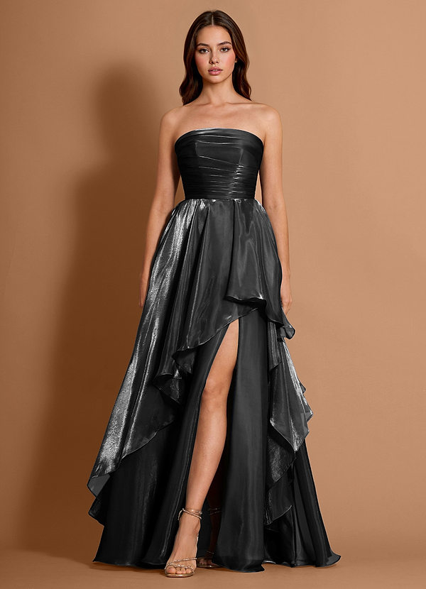 Dahlia Black Satin Faced Chiffon Ruffled A-line Prom Dress image1