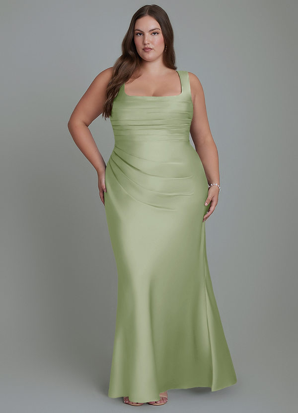 Azazie Agustina Robes de demoiselle d'honneur Robe Sirène en Satin extensible Corset Vert Sauge image1