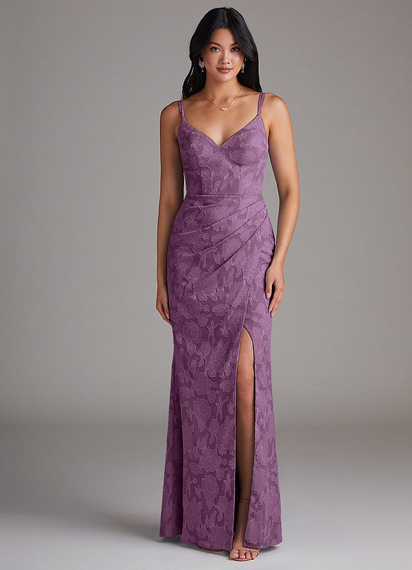 Azazie Leo Bridesmaid Dresses Wisteria Sheath Pleated Floral Burnout Dress image1