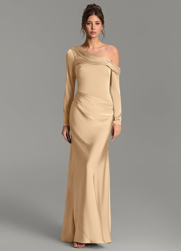Azazie Sandra Bridesmaid Dresses Champagne Mermaid Long Sleeve Stretch Satin Dress image1