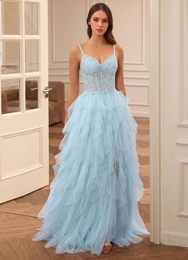 Aura Türkis A-Linien-Abendkleid aus Tüll, Pailletten und Korsett mit Stufenrock, Korsett-Optik image1