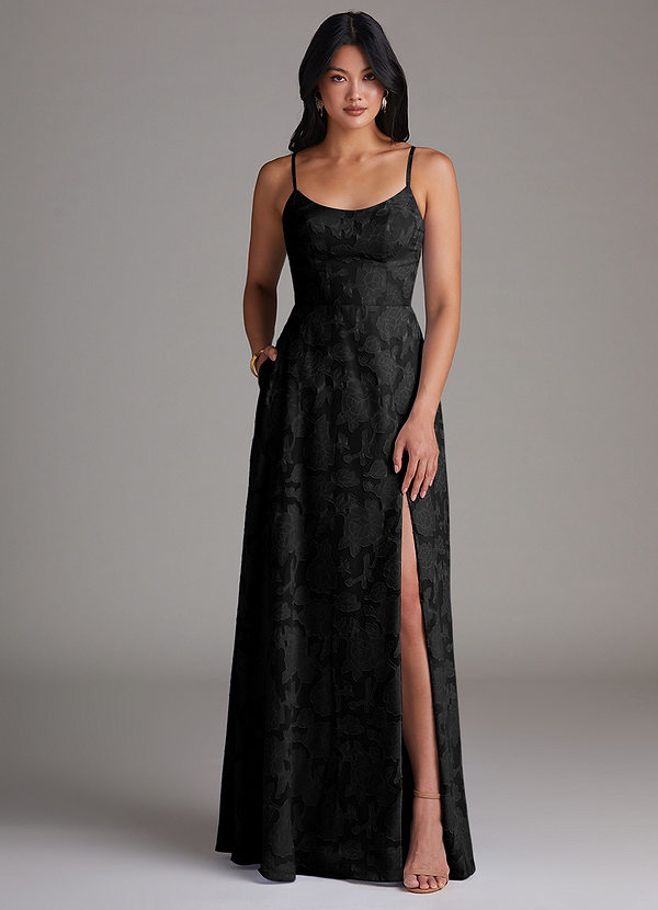 Azazie Moira Bridesmaid Dresses Black A-Line Side Slit Floral Burnout Dress image1