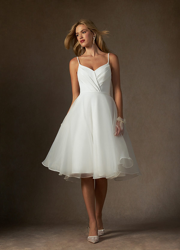 Azazie Ardea Wedding Dresses Diamond White A-Line V-Neck Pleated Stretch Crepe Dress image1