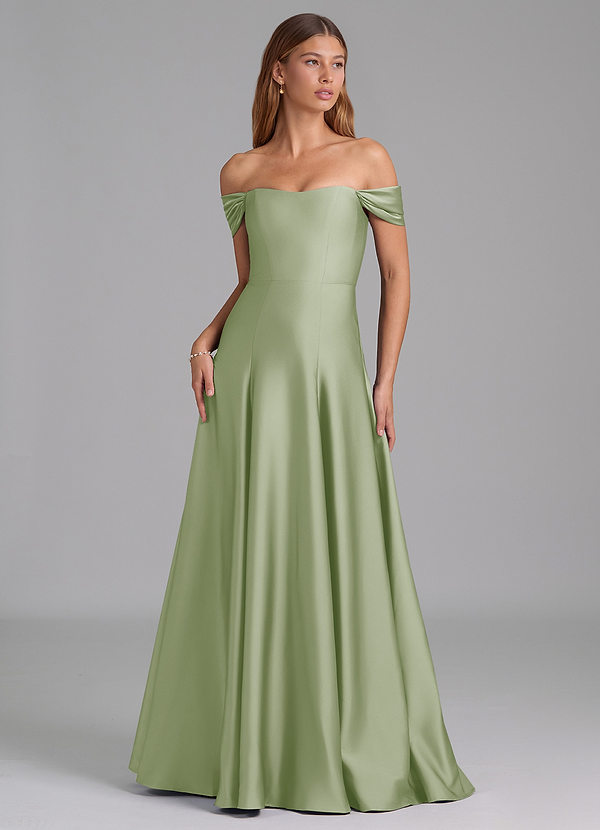 Azazie Seriana 신부 들러리 드레스 A라인 오프 더 숄더 스트레치 새틴 바닥 길이 드레스 image1