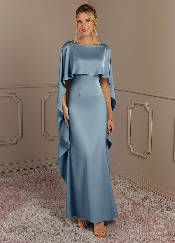 Azazie Eli Mother of the Brides Dresses Dusty Blue Sheath Boatneck Stretch Satin Dress image1