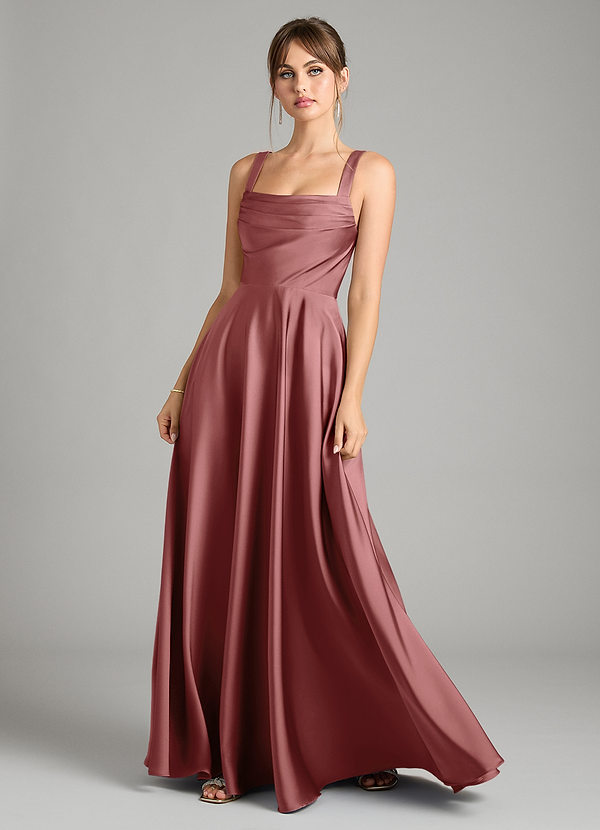 Azazie Shaude Bridesmaid Dresses Amethyst A-Line Pleated Stretch Satin Dress image1