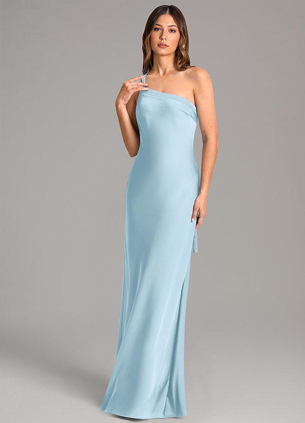 Azazie Monroe Bridesmaid Dresses Sky Blue Mermaid One Shoulder Stretch Satin Dress image1