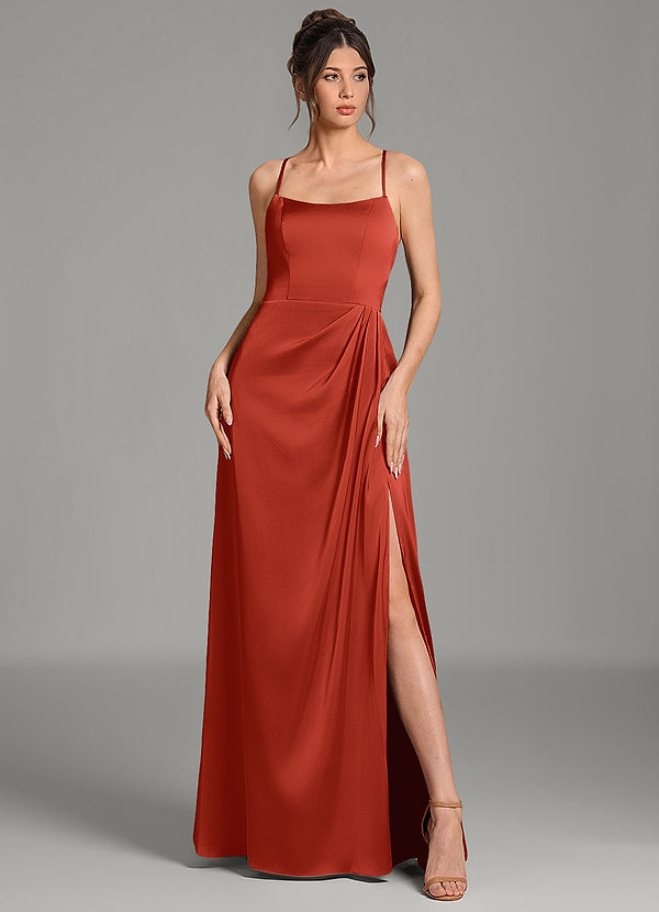 Azazie Frankie Bridesmaid Dresses Rust A-Line Pleated Stretch Satin Dress image1