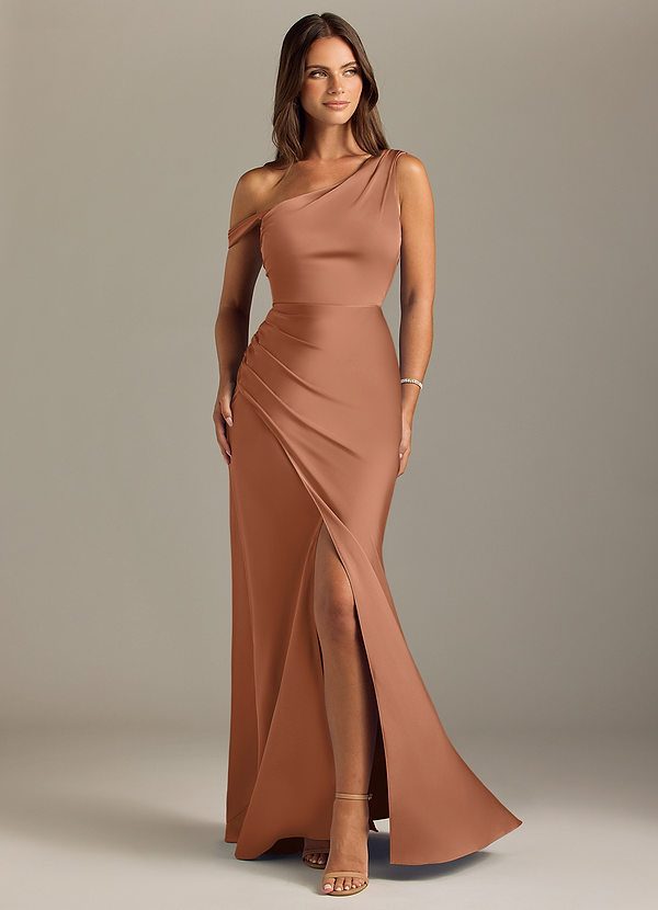 Azazie Madelyn Robes Demoiselle d'honneur Robe Sirène Convertible en Satin extensible Épaule décolletée Bronze image1