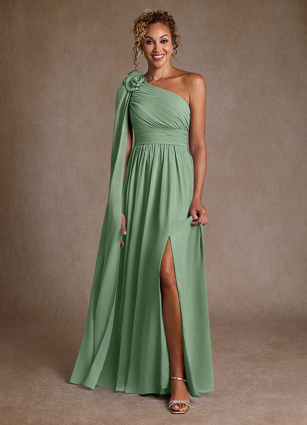 Azazie Lancaster Moeder van de Bruid Jurken A-Lijn Jurk van Chiffon One-Shoulder Matcha image1