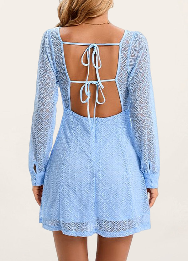 back Iconic Upgrade Light Blue Lace Backless Long Sleeve Mini Dress