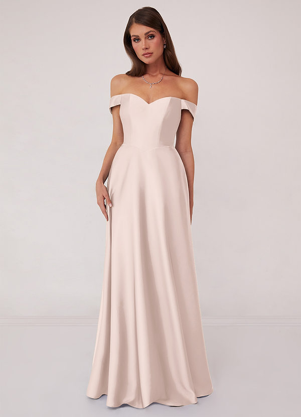 Barbie ♥ Azazie Robes Demoiselle d'honneur Robe Trapèze Convertible en Satin extensible Épaule décolletée Rose Pâle image1