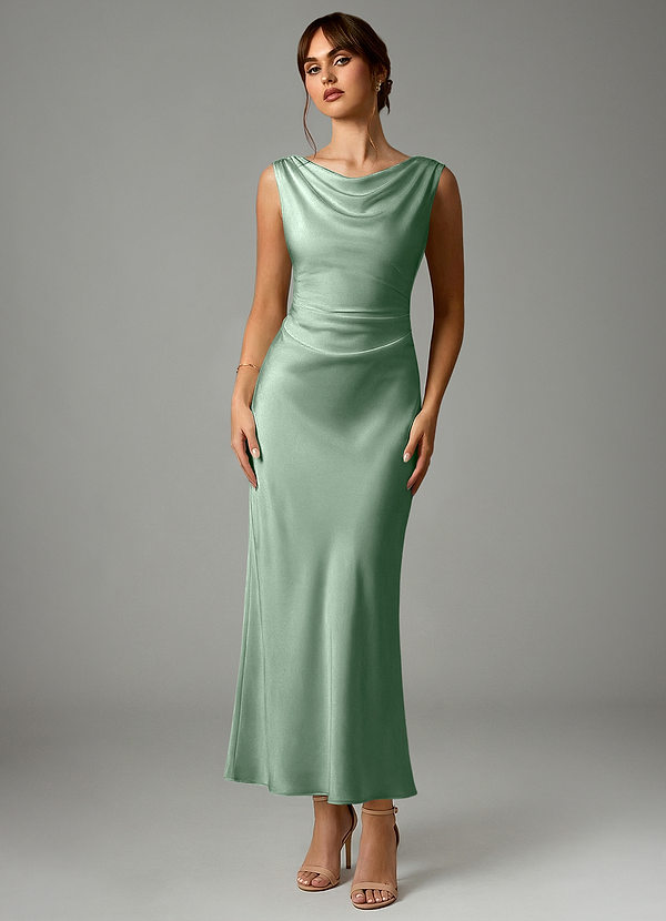 Azazie Kieryn 신부 들러리 드레스 인어 주름진 스트레치 새틴 발목 길이 드레스 image1