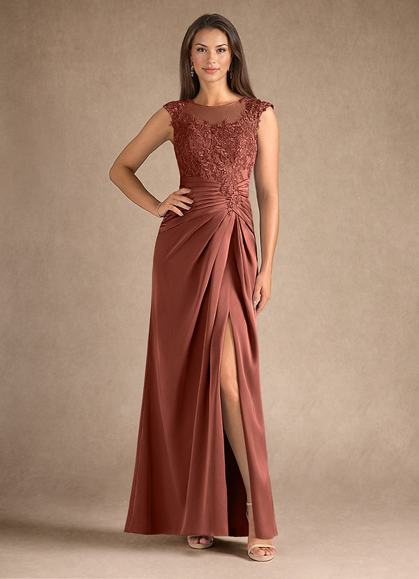 Azazie Santa Barbara Mother of the Brides Dresses Auburn Sheath Pleated Stretch Satin Dress image1
