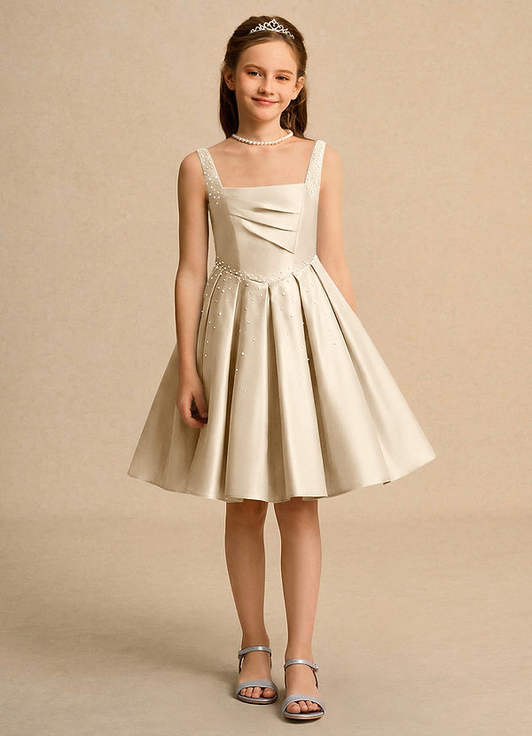 Azazie Jello Blumenkinder Kleider Ballkleid Plissee Matte Satin Kleid Champagner image1