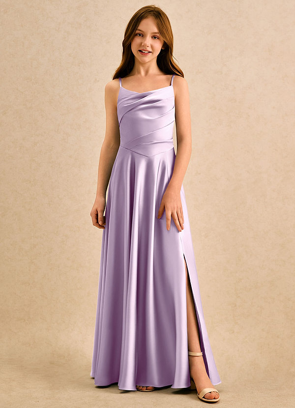 Azazie Coconut Girls Formal 플라워 걸 드레스 A라인 주름진 스트레치 새틴 플로어 길이 드레스 image1