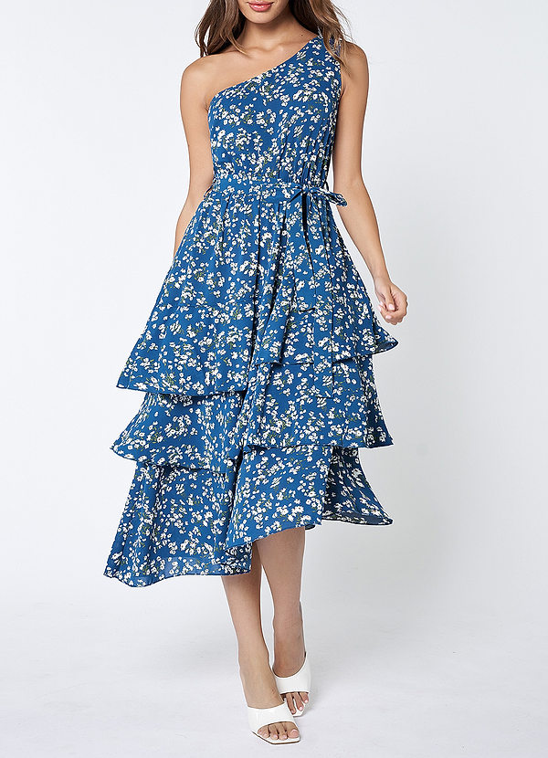 front Maynard Blue Floral Print Tiered Midi Dress