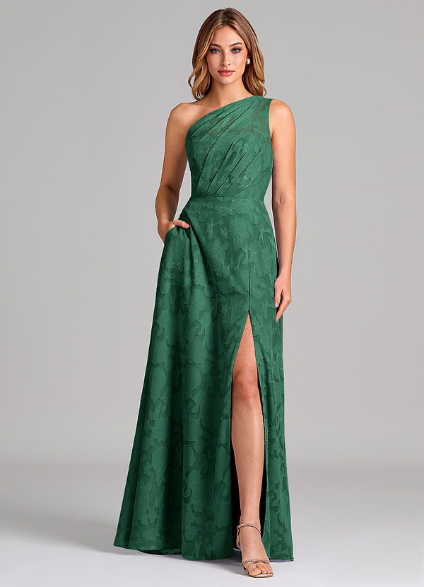 Azazie Phaedra Robes de demoiselle d'honneur Robe Trapèze en Blumen-Burnout Asymétrique Vert Foncé image1