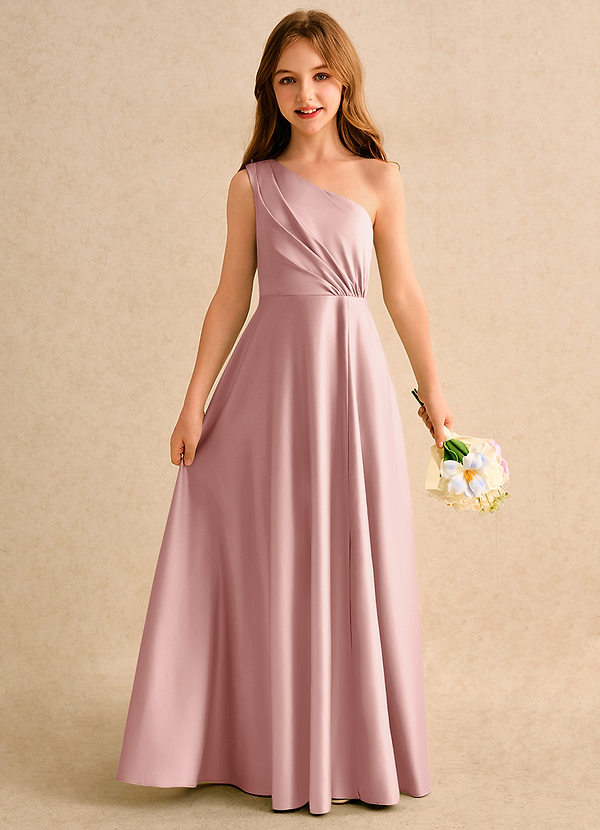Azazie Puddles Girls Formal Flower Girl Dresses Rose Gold A-Line One Shoulder Matte Satin Dress image1