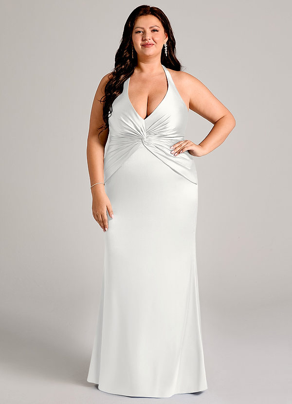 Azazie Valerie Bruidsmeisjes Jurken Jurk van Stretch Satijn met Zeemeermin Geplooid Wit image1