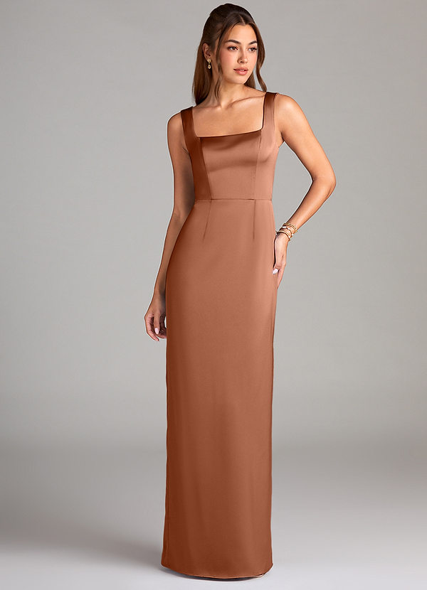 Azazie Flori Bridesmaid Dresses Bronzer Sheath Side Slit Stretch Satin Dress image1