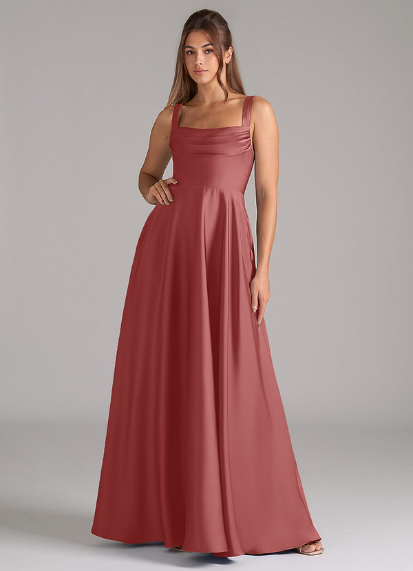 Azazie Shaude Bridesmaid Dresses Antique Rose A-Line Pleated Stretch Satin Dress image1