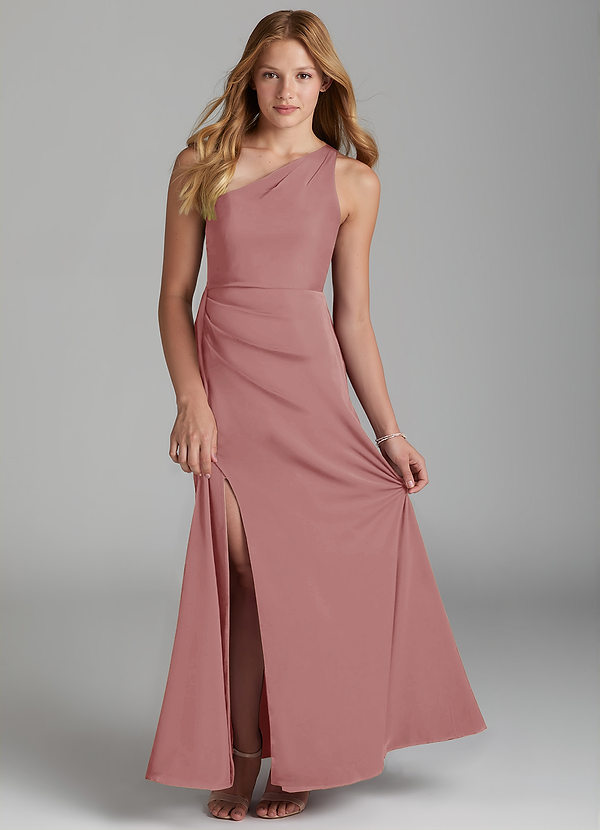 Azazie Maron Junior Dusty Rose A-Line Pleated Stretch Satin Dress image1