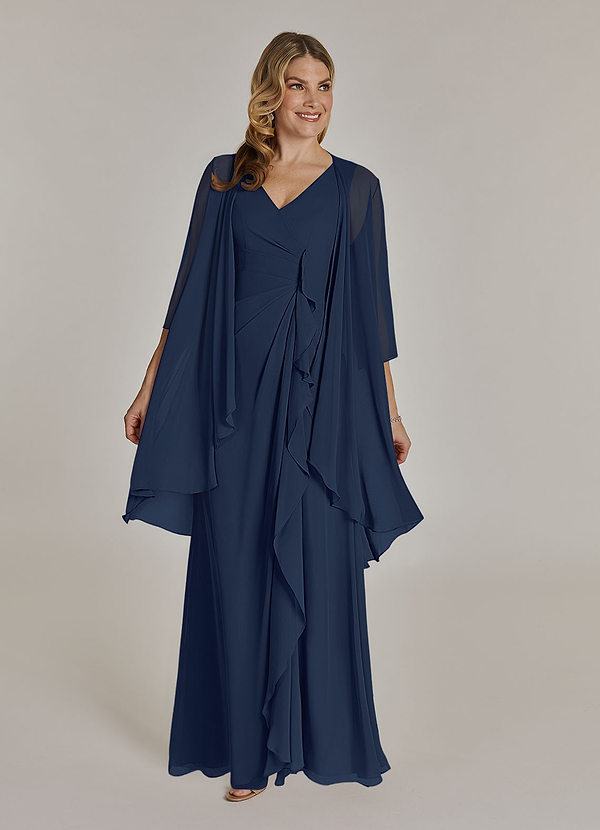 Azazie Manuella Mother of the Brides Dresses Dark Navy A-Line V-Neck Pleated Chiffon Dress image1