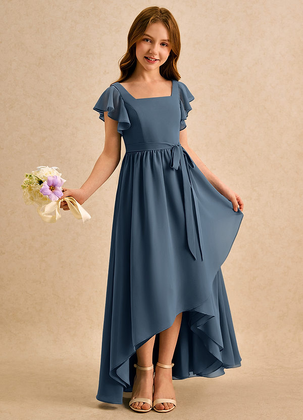 Azazie Milly Girls Formal Blomsterpigekjoler A-Line Plisseret Chiffon Asymmetrisk Kjole image1