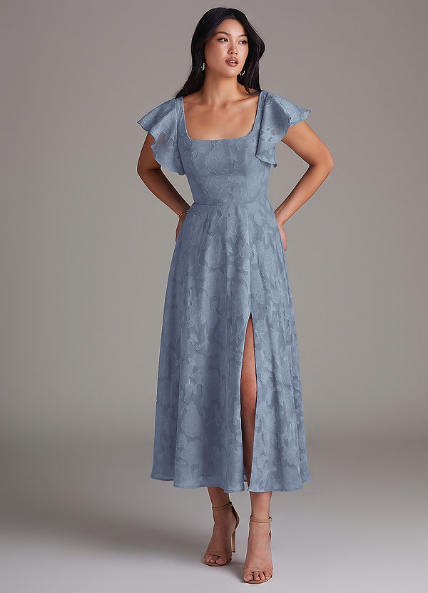 Azazie Bondi Bridesmaid Dresses Dusty Blue A-Line Ruched Floral Burnout Dress image1