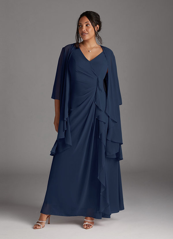 Azazie Manuella Mother of the Brides Dresses Dark Navy A-Line V-Neck Pleated Chiffon Dress image1