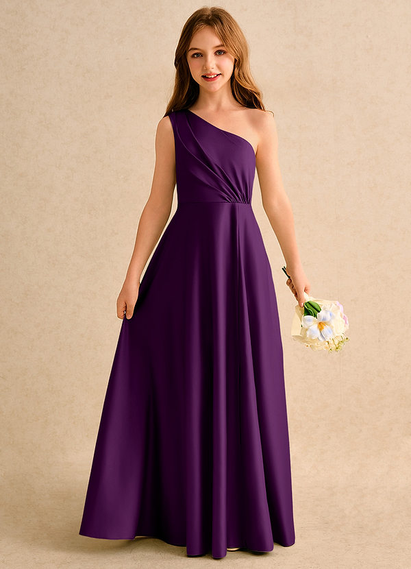 Azazie Puddles Girls Formal Bloemenmeisjes Jurken A-Lijn Jurk van Mat Satijn One-Shoulder Druif image1