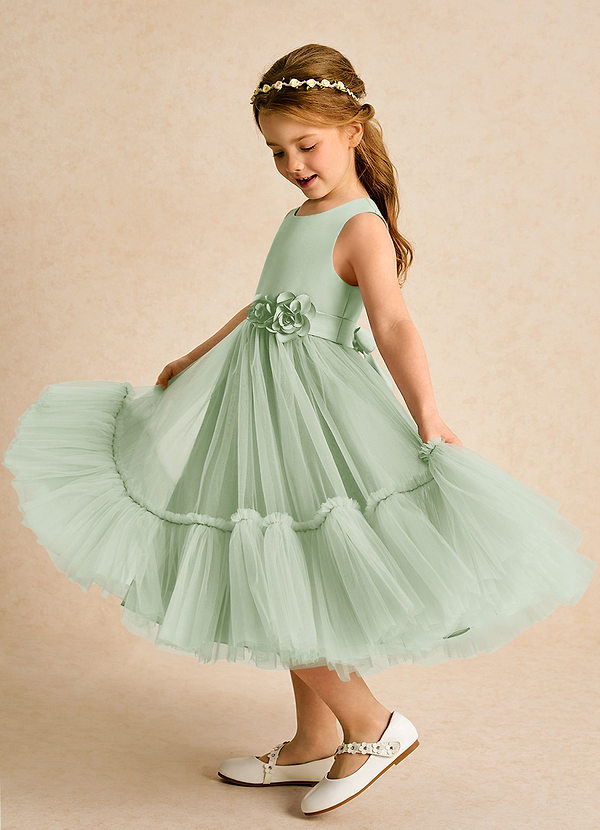 Azazie Miracle Flower Girl Dresses Dusty Sage A-Line Bow Matte Satin Dress image1