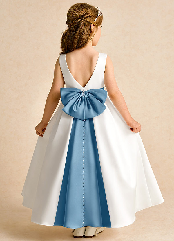 Azazie Cherry Flower Girl Dresses Ivory Steel Blue Ball-Gown Pleated Matte Satin Dress image1