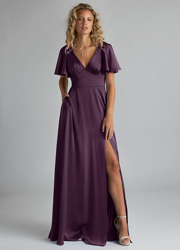 Azazie Kimber Brudtärneklänningar Klänning av A-Line i Stretch Satin Ruched Plommon image1