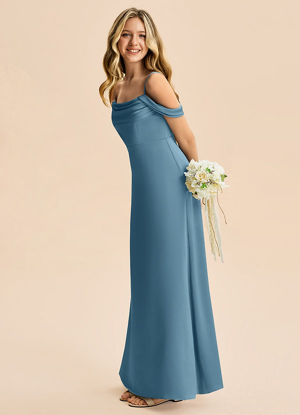 Azazie Lettie Junior A-Linie Schulterfrei Stretch-Satin Kleid Bermudablau image1