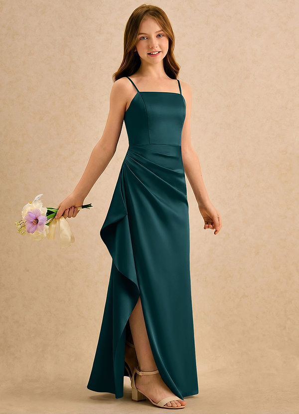 Azazie Cannoli Girls Formal Sukienki dla dziewczynek sypiących kwiaty Linia A Pofałdowany Satyna elastyczna Długość podłogi Sukienka image1