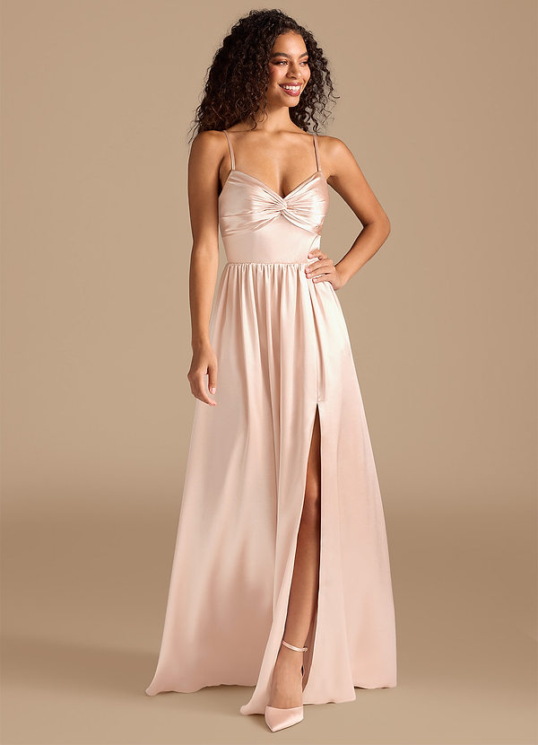 Azazie Zeya Bruidsmeisjes Jurken Jurk van Metaalachtig Satijn met A-Lijn Geplooid Rosé Goud image1