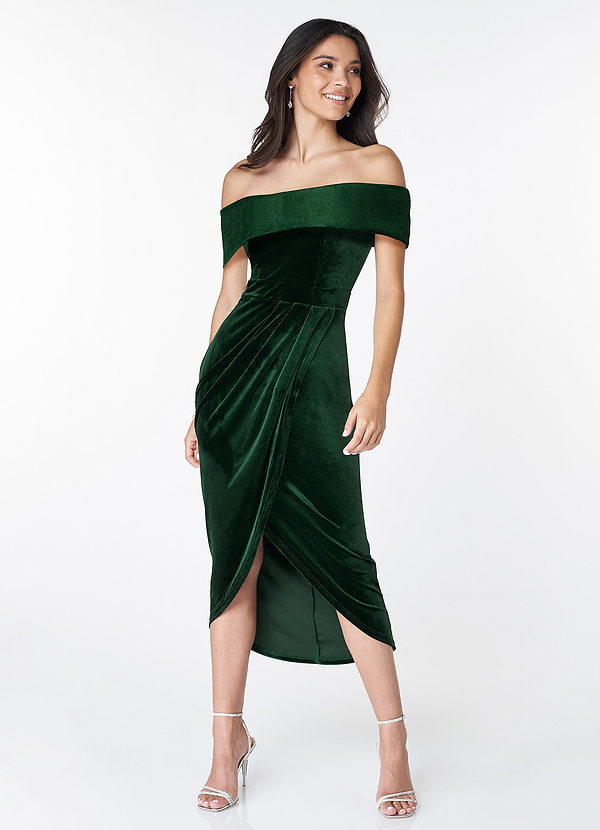 front Osprey Dark Emerald Velvet Off-The-Shoulder Tulip Dress