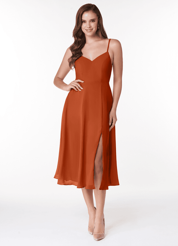 Azazie Clarissa Bridesmaid Dresses Burnt Orange A-Line V-Neck Chiffon Dress image1