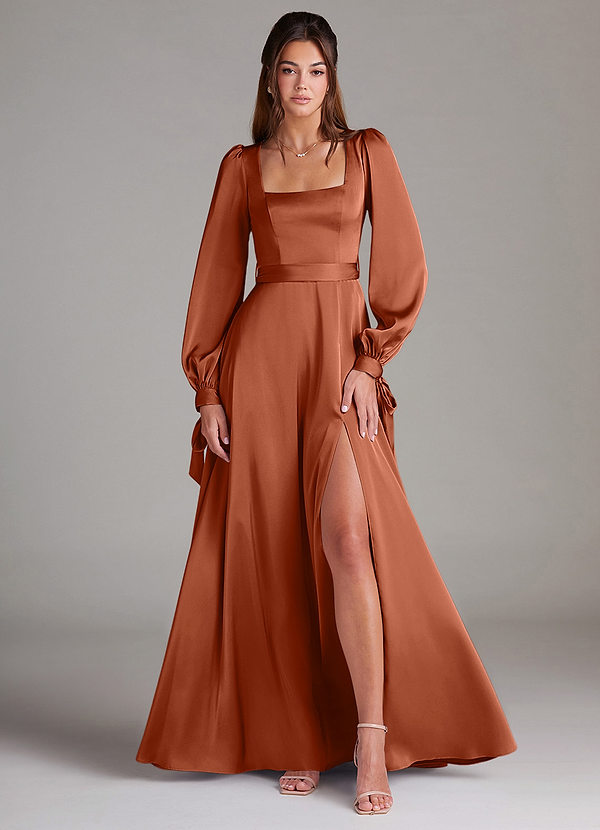 Azazie Leonia Bridesmaid Dresses Cedar Rose A-Line Long Sleeve Stretch Satin Dress image1