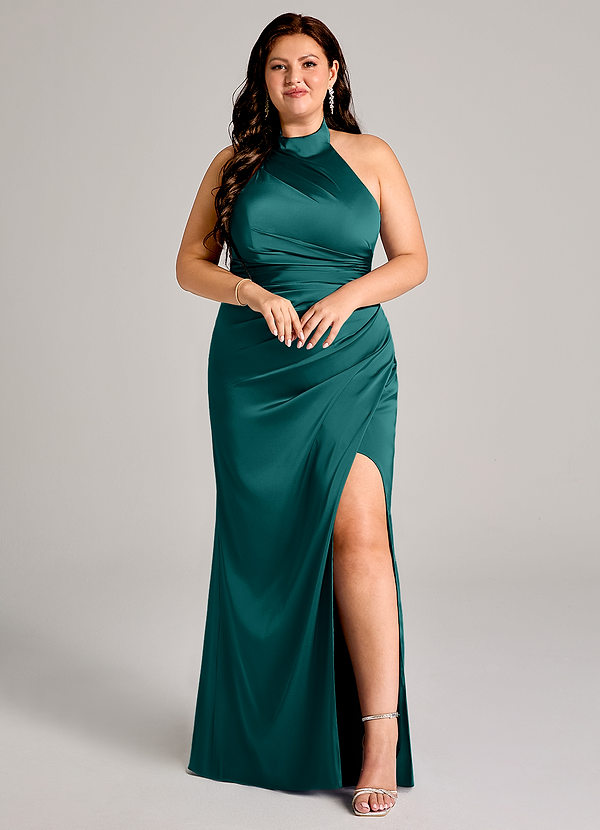 Azazie Jemma Bridesmaid Dresses Peacock Sheath Pleated Stretch Satin Dress image1