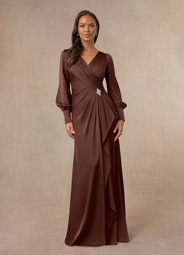 Azazie Petrina Mother of the Bride Dresses Espresso Mermaid Pleated Stretch Satin Dress image1