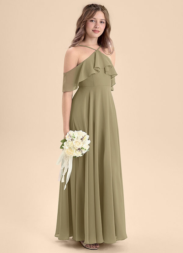 Azazie Tessabelle Junior Moss Green A-Line Off the Shoulder Chiffon Dress image1
