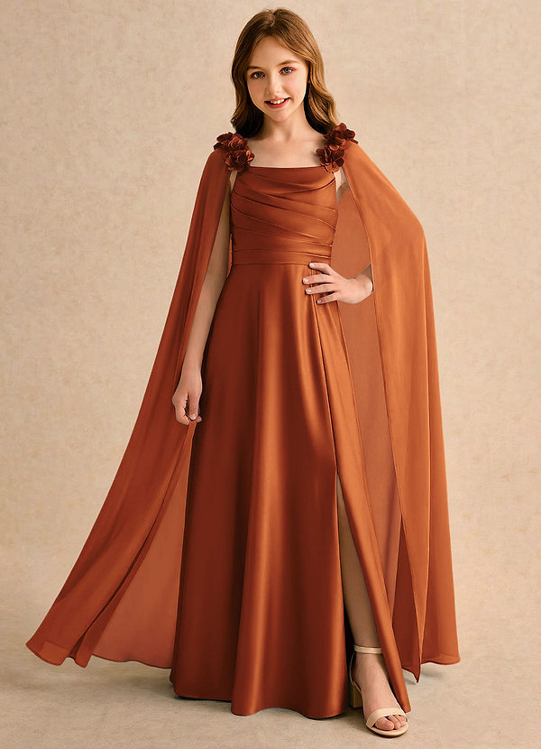 Azazie Rosita Girls Formal Flower Girl Dresses Cinnamon A-Line Pleated Stretch Satin Dress image1