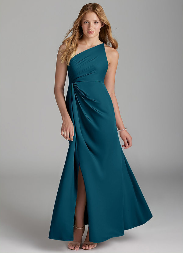 Azazie Mika Junior Robe Trapèze en Satin extensible Plissée Bleu Encre image1