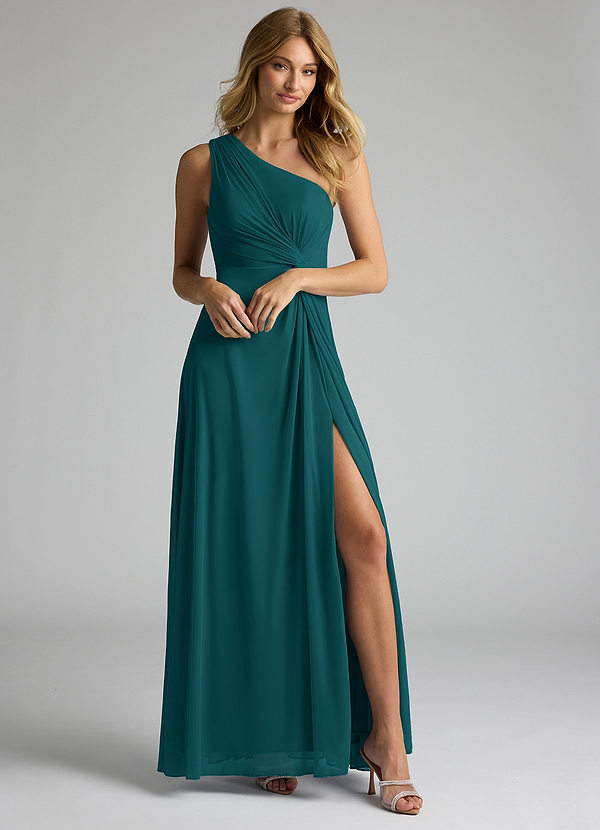 Azazie Brooke Bridesmaid Dresses Peacock A-Line One Shoulder Mesh Dress image1