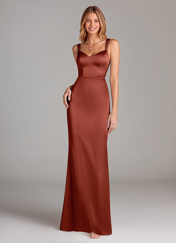 Azazie Denice Robes Demoiselle d'honneur Robe Fourreau en Satin extensible Plissée Terracotta image1