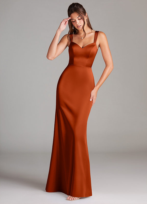 Azazie Denice Bridesmaid Dresses Paprika Sheath Pleated Stretch Satin Dress image1